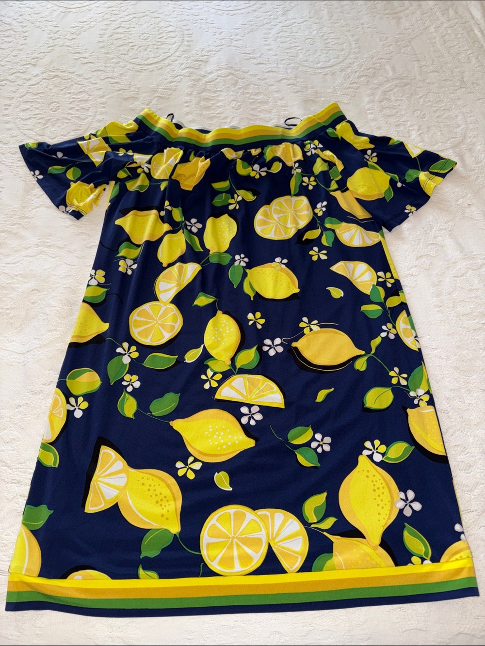 Trina Turk Navy Kelso Lemon Print Off Shoulder Dress EUC M